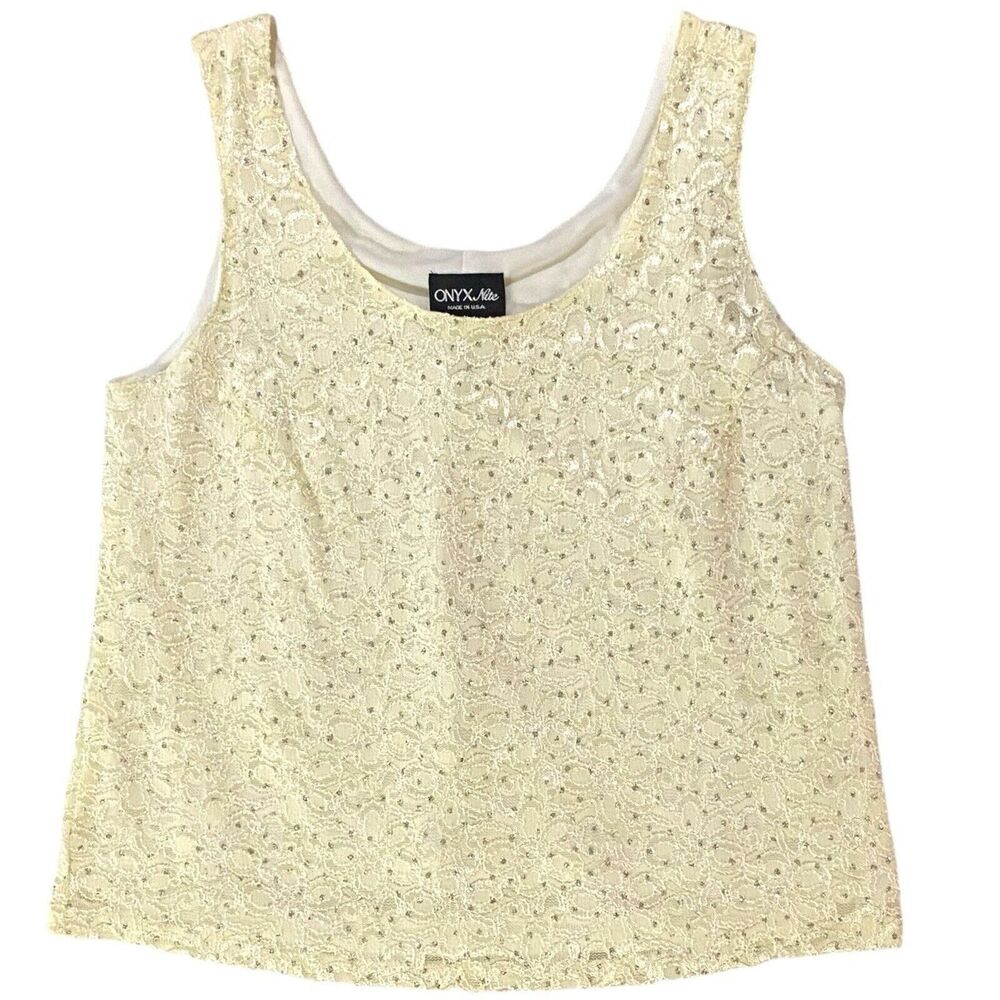 Onyx Nite Womens 1X Ivory Lace Tank Top Silver Shimmer Lined Sleeveless Scoop